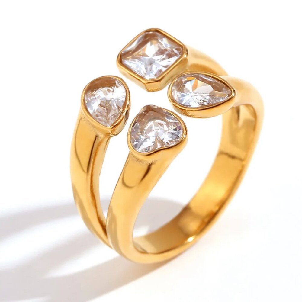 Gold Statement Ring with Quadruple Crystal Accents
